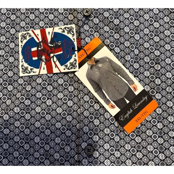 English Laundry Dress Shirt Men XXL Long Sleeve Button Down Geometric Navy White - Picture 4 of 9